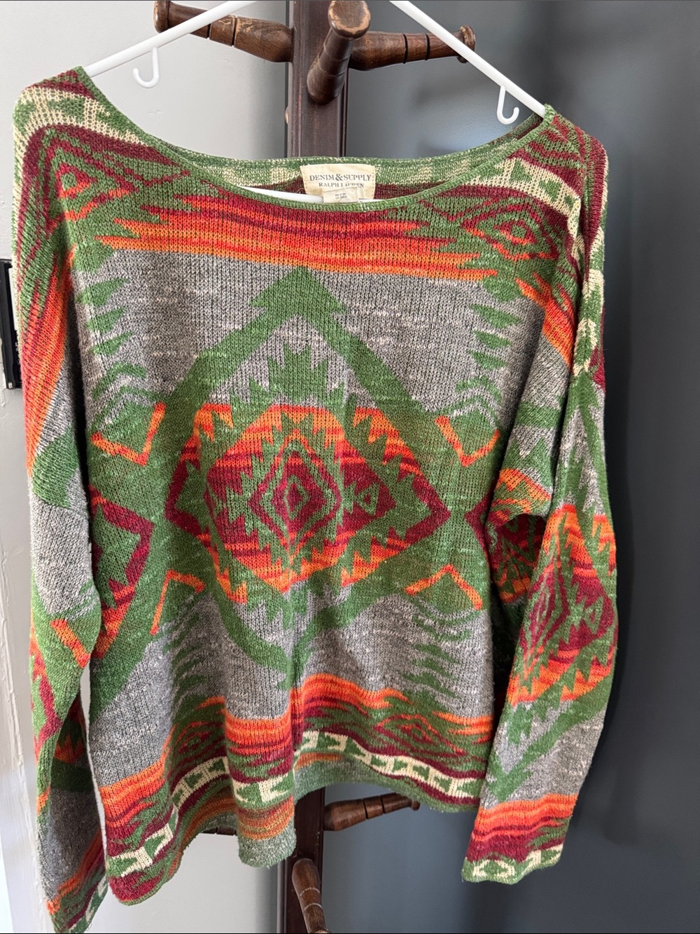 Ralph Lauren Multicolor Aztec Crewneck Sweater — Green, Gray, Orange & Red